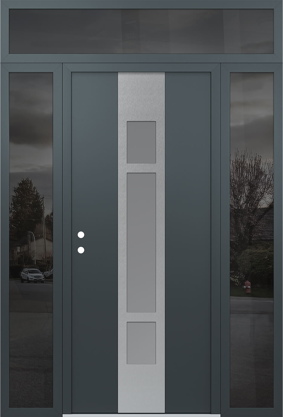 Modern Steel Front Door DIAMOND A9 60" X 96" ANTHRACITE/ANTHRACITE FROSTED GLASS PANEL STAINLESS STEEL RHI WITH 2 SIDELITES AND TRANSOM MIRRORED GLASS