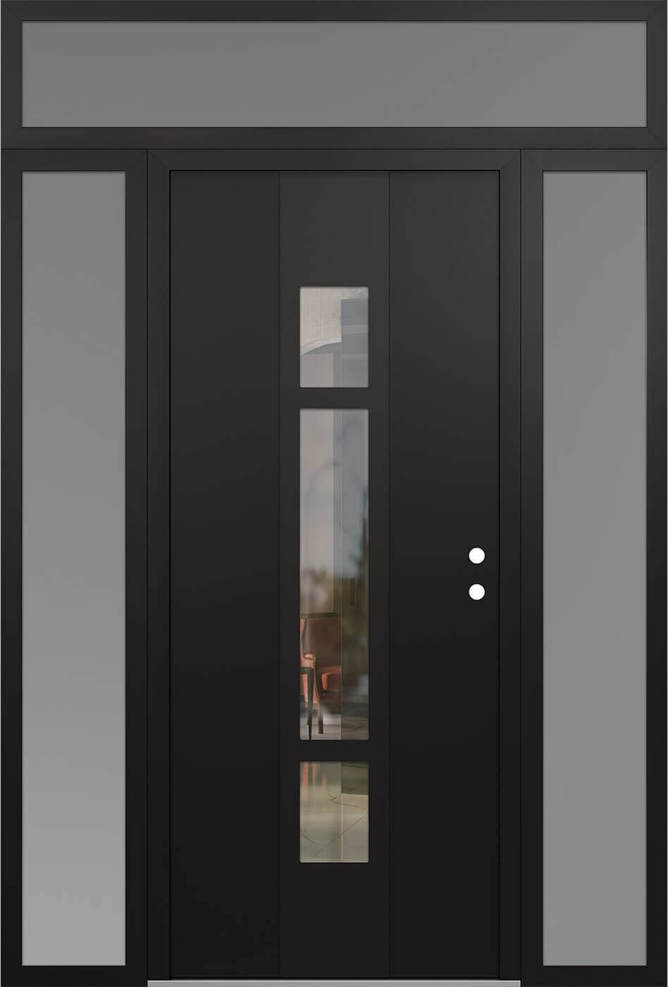 Modern Steel Front Door DIAMOND A9 60" X 96" BLACK/BLACK CLEAR GLASS PANEL BLACK LHI WITH 2 SIDELITES AND TRANSOM FROSTED GLASS