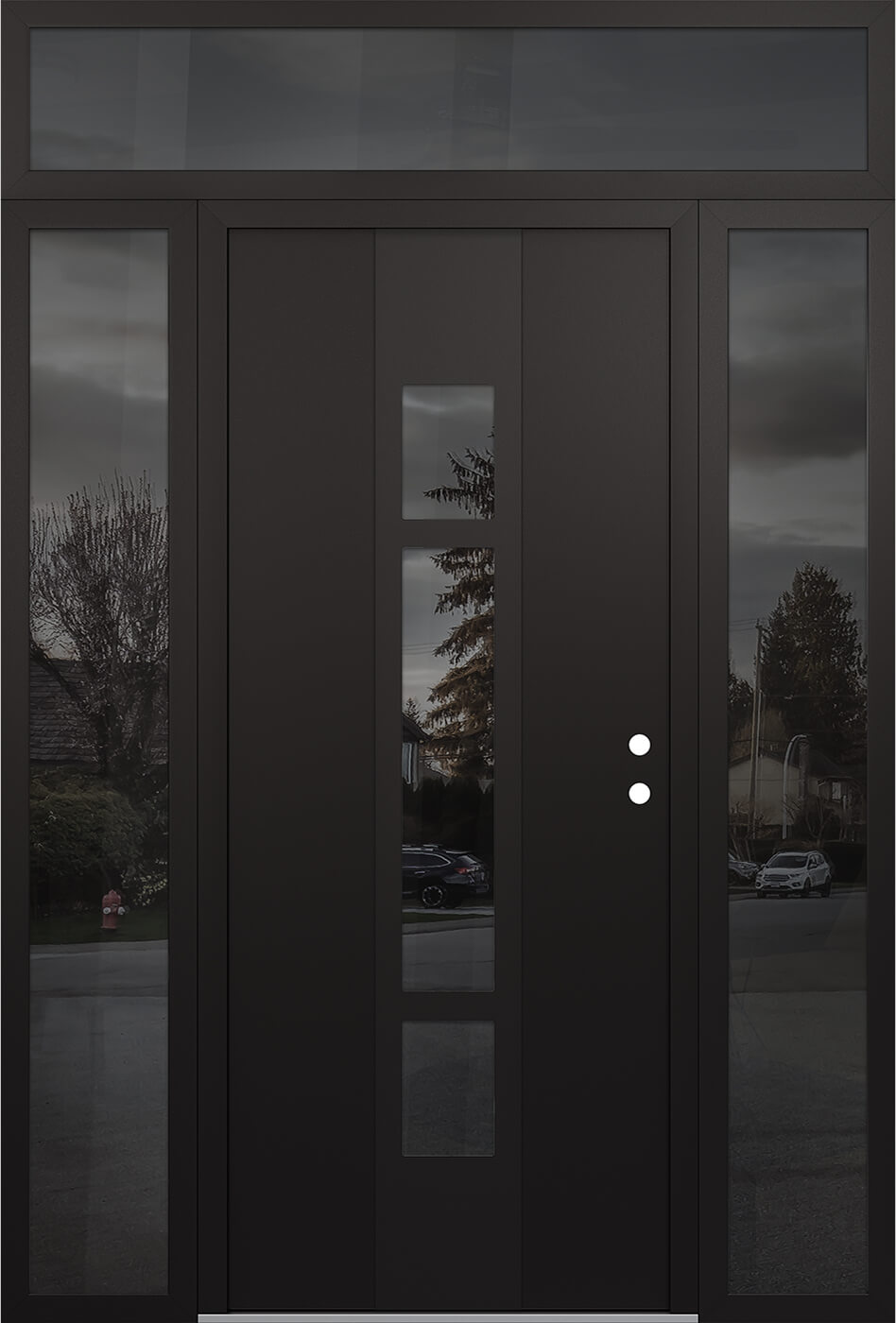 Modern Steel Front Door DIAMOND A9 60" X 96" BLACK/BLACK MIRRORED GLASS PANEL BLACK LHI WITH 2 SIDELITES AND TRANSOM MIRRORED GLASS