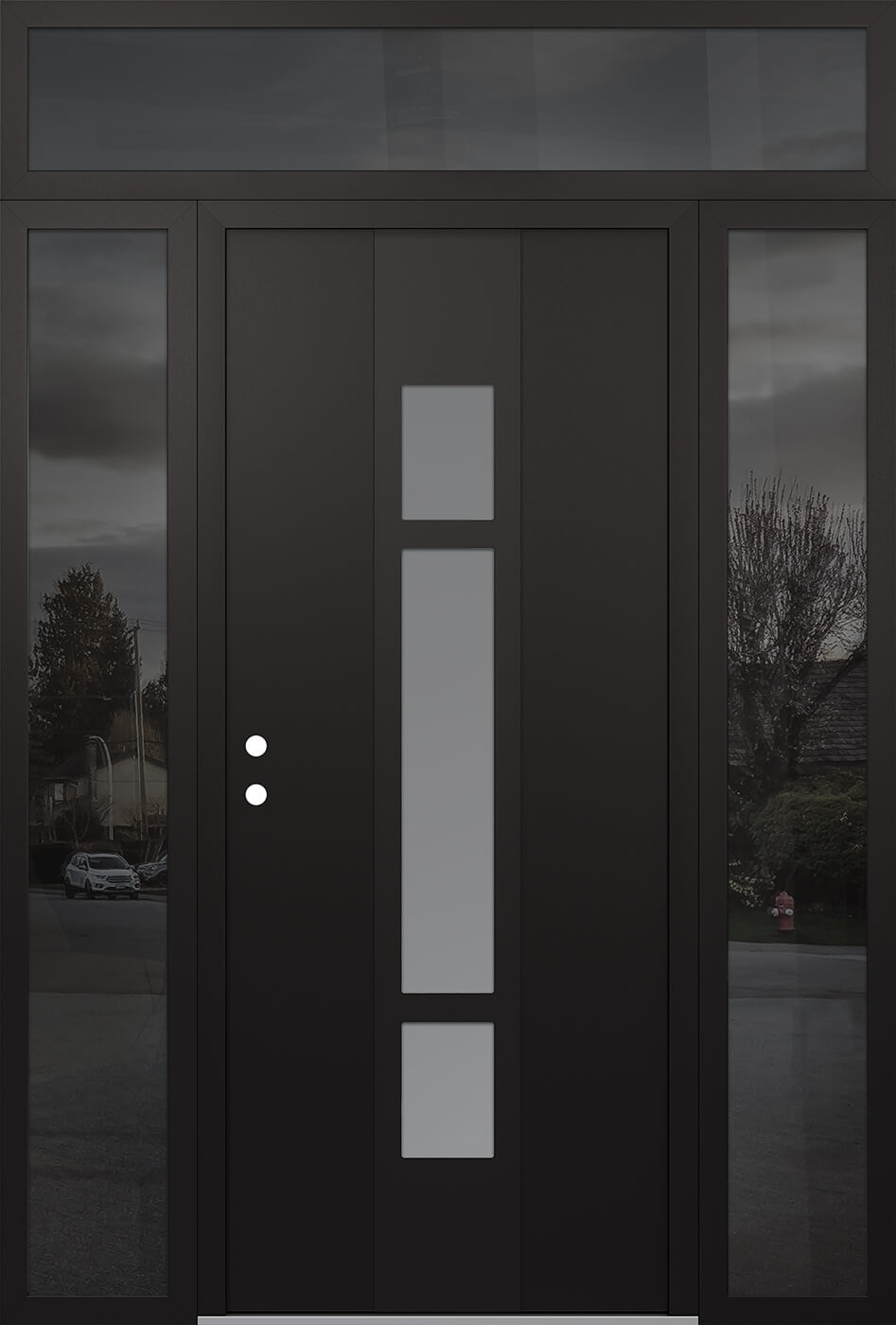 Modern Steel Front Door DIAMOND A9 60" X 96" BLACK/WHITE FROSTED GLASS PANEL BLACK RHI WITH 2 SIDELITES AND TRANSOM MIRRORED GLASS