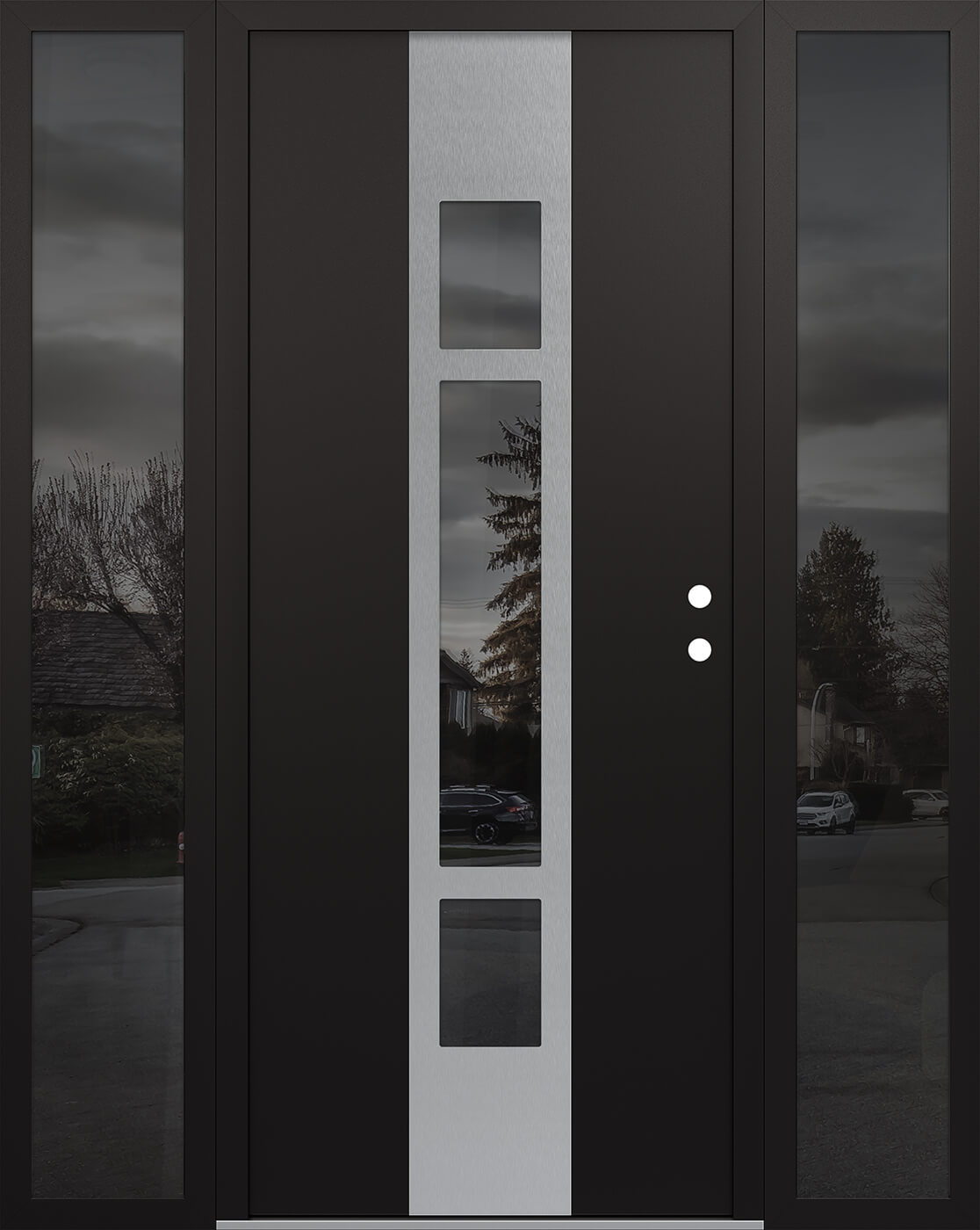 Modern Steel Front Door DIAMOND A9 64" X 80" BLACK/BLACK MIRRORED GLASS PANEL STAINLESS STEEL LHI WITH 2 SIDELITES MIRRORED GLASS