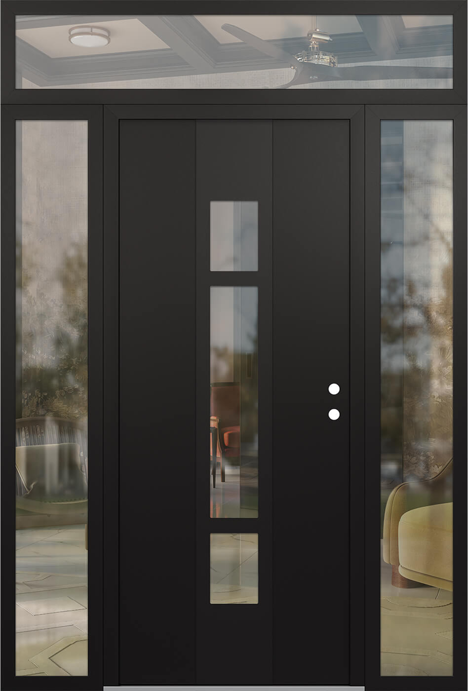 Modern Steel Front Door DIAMOND A9 64" X 96" BLACK/BLACK CLEAR GLASS PANEL BLACK LHI WITH 2 SIDELITES AND TRANSOM CLEAR GLASS