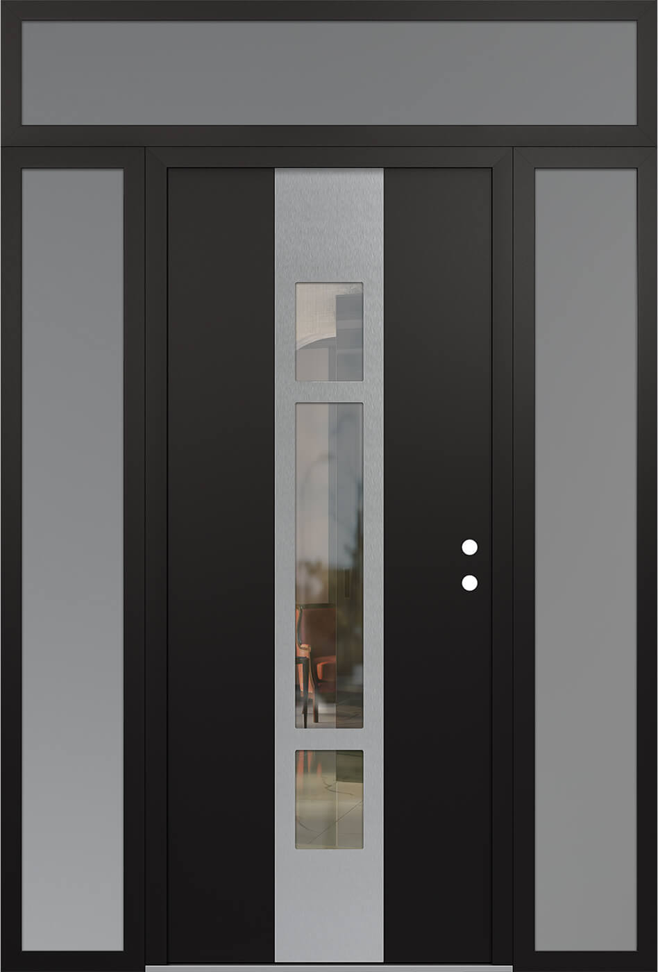 Modern Steel Front Door DIAMOND A9 64" X 96" BLACK/BLACK CLEAR GLASS PANEL STAINLESS STEEL LHI WITH 2 SIDELITES AND TRANSOM FROSTED GLASS