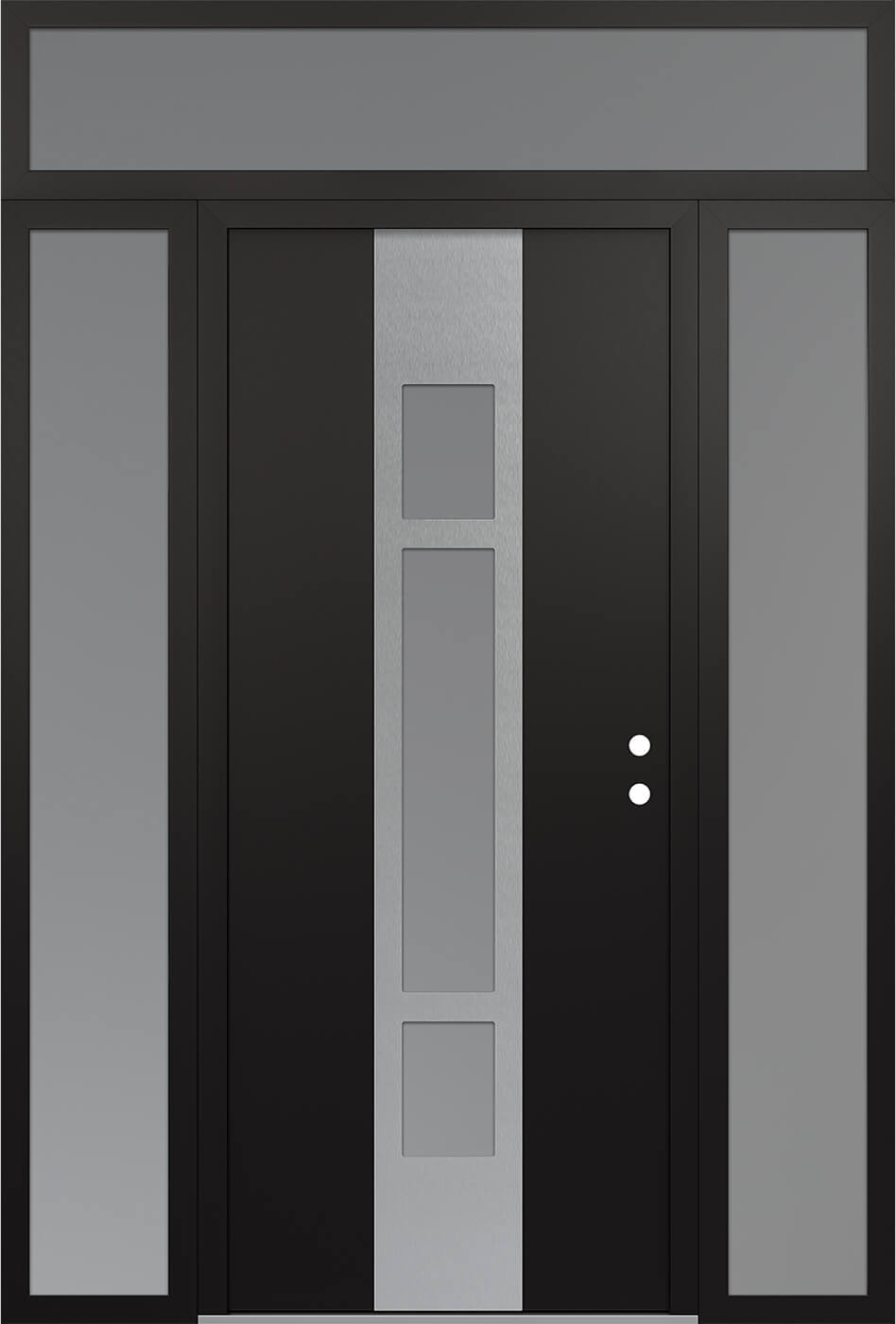 Modern Steel Front Door DIAMOND A9 64" X 96" BLACK/WHITE FROSTED GLASS PANEL STAINLESS STEEL LHI WITH 2 SIDELITES AND TRANSOM FROSTED GLASS