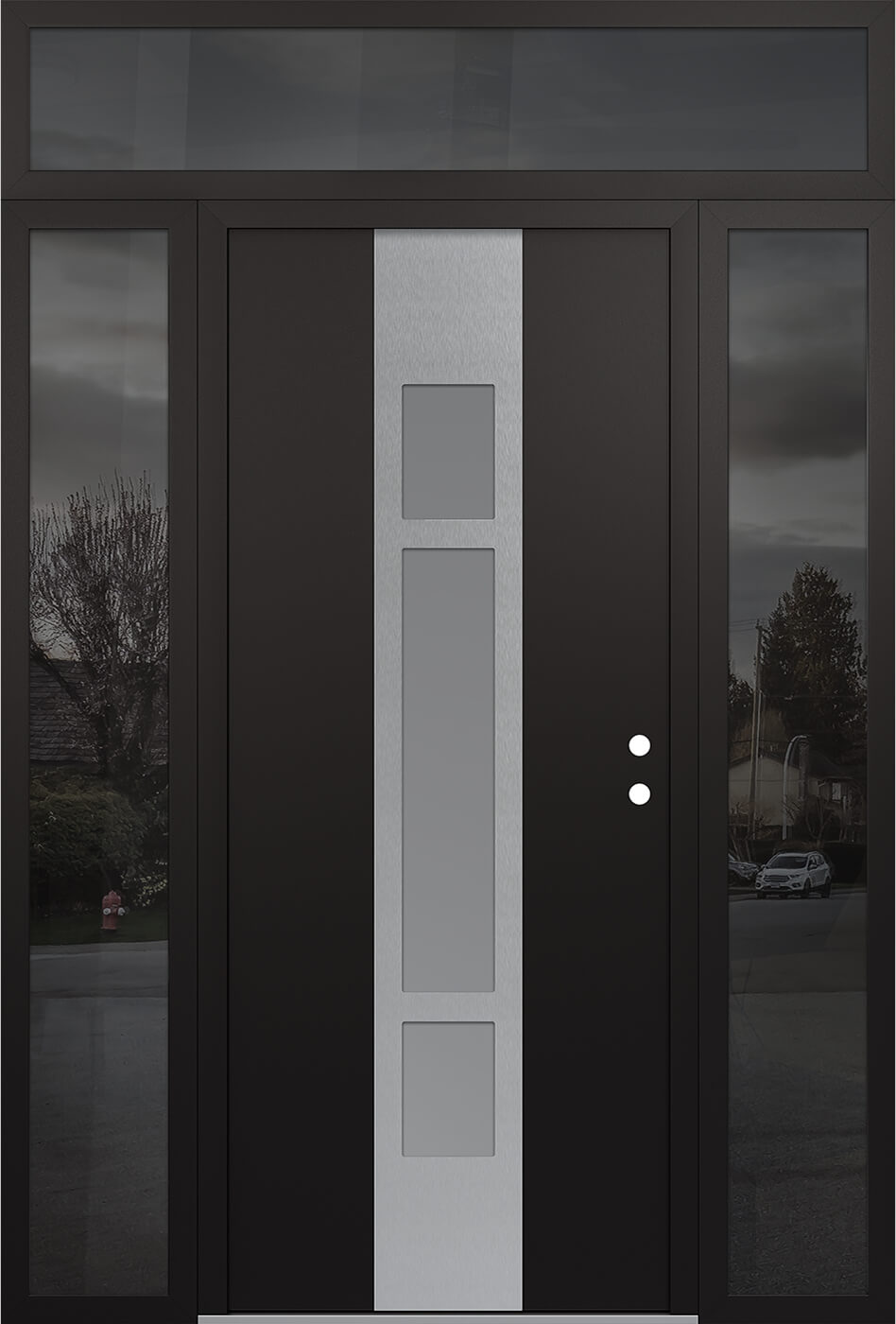 Modern Steel Front Door DIAMOND A9 64" X 96" BLACK/WHITE FROSTED GLASS PANEL STAINLESS STEEL LHI WITH 2 SIDELITES AND TRANSOM MIRRORED GLASS