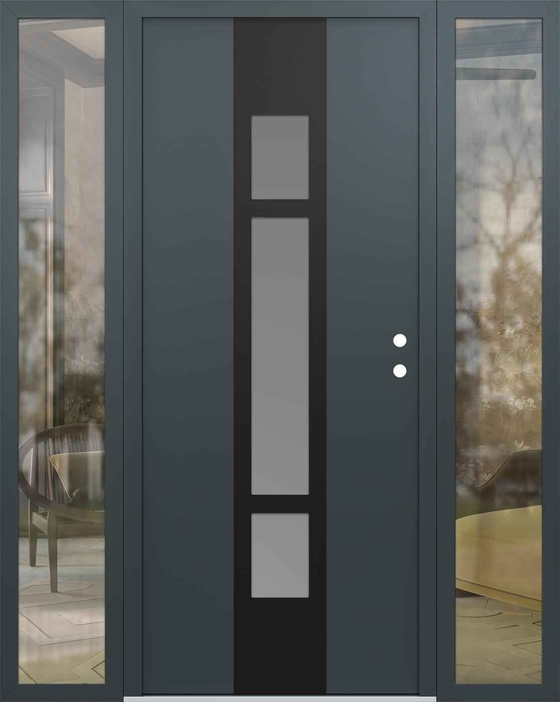Modern Steel Front Door DIAMOND A9 68" X 80" ANTHRACITE/ANTHRACITE FROSTED GLASS PANEL BLACK LHI WITH 2 SIDELITES CLEAR GLASS