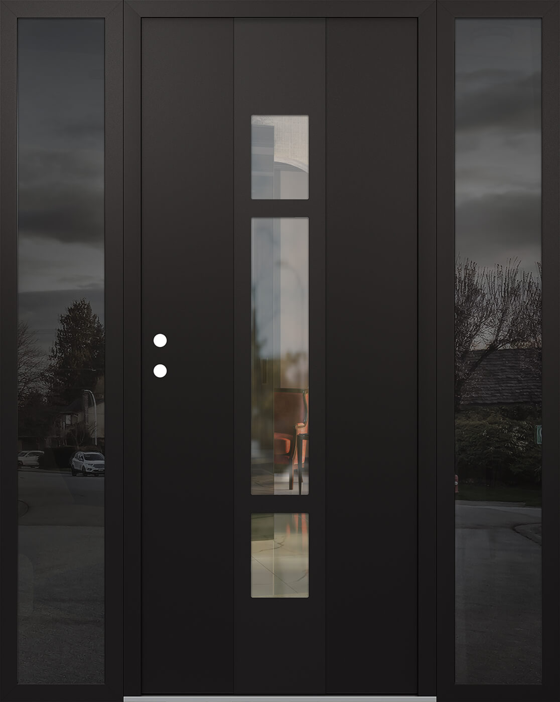 Modern Steel Front Door DIAMOND A9 68" X 80" BLACK/BLACK CLEAR GLASS PANEL BLACK RHI WITH 2 SIDELITES MIRRORED GLASS