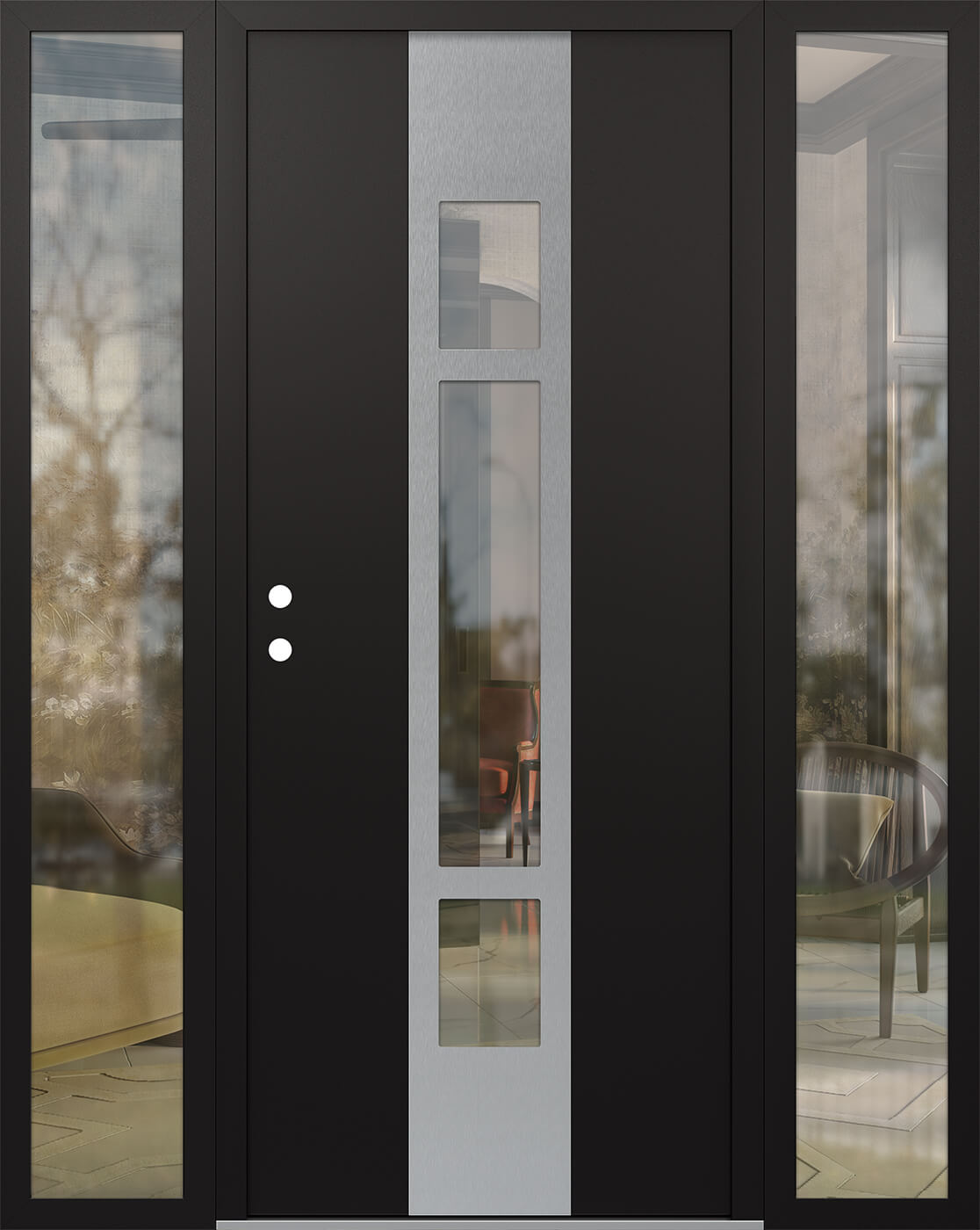 Modern Steel Front Door DIAMOND A9 68" X 80" BLACK/BLACK CLEAR GLASS PANEL STAINLESS STEEL RHI WITH 2 SIDELITES CLEAR GLASS