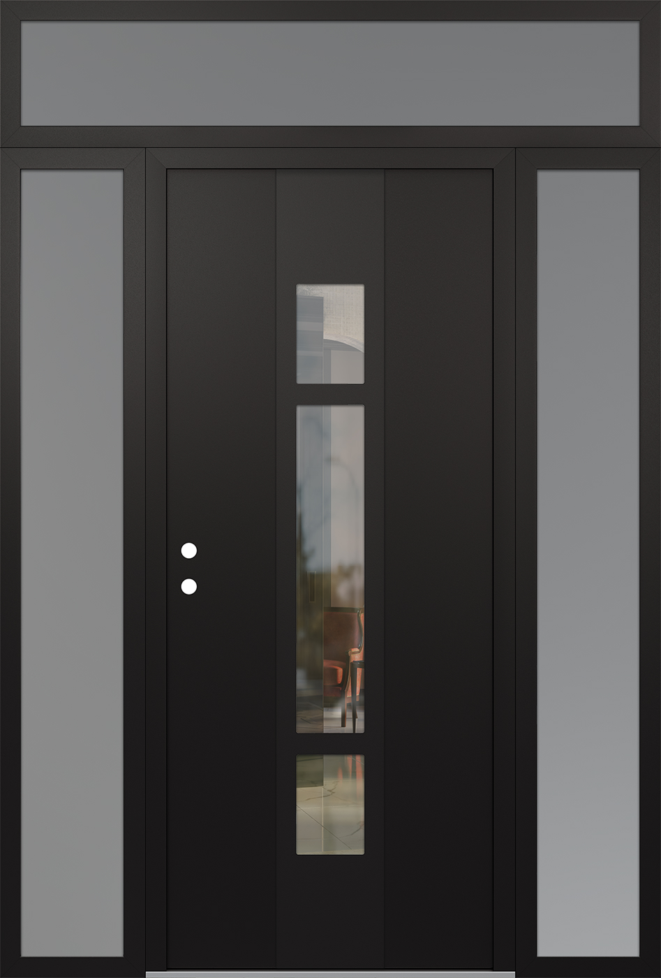 Modern Steel Front Door DIAMOND A9 68" X 96" BLACK/BLACK CLEAR GLASS PANEL BLACK RHI WITH 2 SIDELITES AND TRANSOM FROSTED GLASS