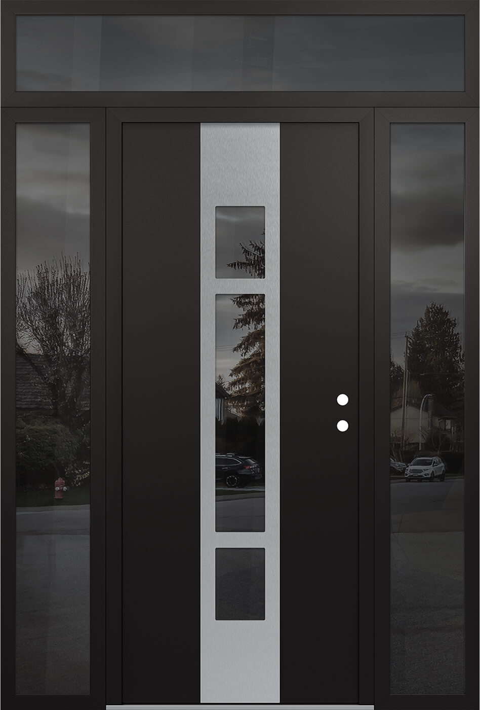 Modern Steel Front Door DIAMOND A9 68" X 96" BLACK/BLACK MIRRORED GLASS PANEL STAINLESS STEEL LHI WITH 2 SIDELITES AND TRANSOM MIRRORED GLASS