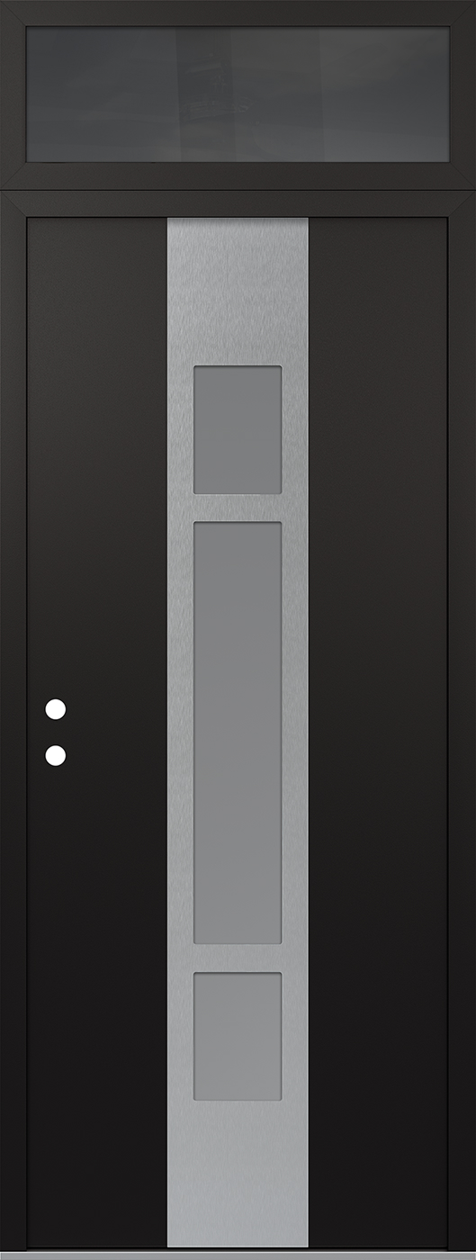 MODERN STEEL FRONT DOOR DIAMOND A9 36" X 96" BLACK/WHITE FROSTED GLASS PANEL STAINLESS STEEL RHI WITH TRANSOM FROSTED GLASS
