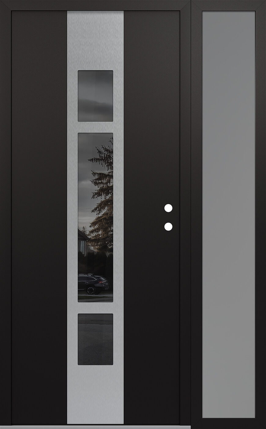 MODERN STEEL FRONT DOOR DIAMOND A9 48" X 80" BLACK/BLACK MIRRORED GLASS PANEL STAINLESS STEEL LHI WITH SIDELITE FROSTED GLASS