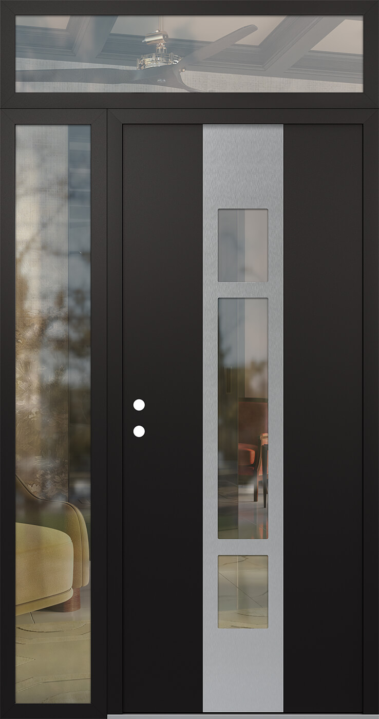 MODERN STEEL FRONT DOOR DIAMOND A9 48" X 96" BLACK/BLACK CLEAR GLASS PANEL STAINLESS STEEL RHI WITH SIDELITE AND TRANSOM CLEAR GLASS