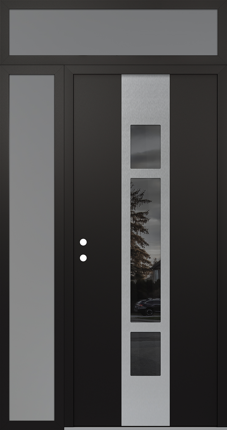 MODERN STEEL FRONT DOOR DIAMOND A9 48" X 96" BLACK/BLACK MIRRORED GLASS PANEL STAINLESS STEEL RHI WITH SIDELITE AND TRANSOM CLEAR GLASS