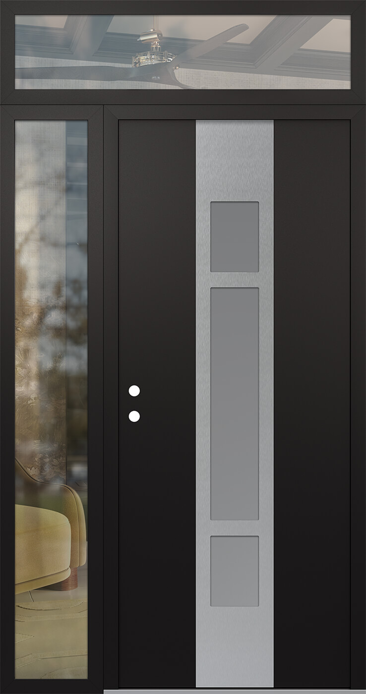 MODERN STEEL FRONT DOOR DIAMOND A9 48" X 96" BLACK/WHITE FROSTED GLASS PANEL STAINLESS STEEL RHI WITH SIDELITE AND TRANSOM FROSTED GLASS