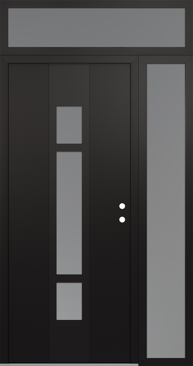 MODERN STEEL FRONT DOOR DIAMOND A9 50" X 96" BLACK/WHITE FROSTED GLASS PANEL BLACK LHI WITH SIDELITE AND TRANSOM FROSTED GLASS