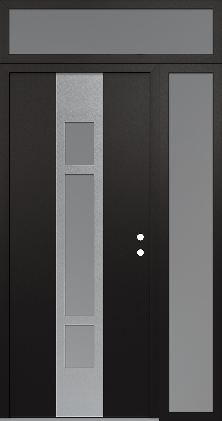 MODERN STEEL FRONT DOOR DIAMOND A9 50" X 96" BLACK/WHITE FROSTED GLASS PANEL STAINLESS STEEL LHI WITH SIDELITE AND TRANSOM CLEAR GLASS