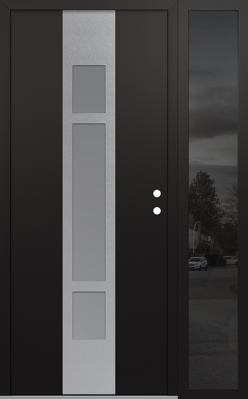 MODERN STEEL FRONT DOOR DIAMOND A9 52" X 80" BLACK/WHITE FROSTED GLASS PANEL STAINLESS STEEL LHI WITH SIDELITE FROSTED GLASS
