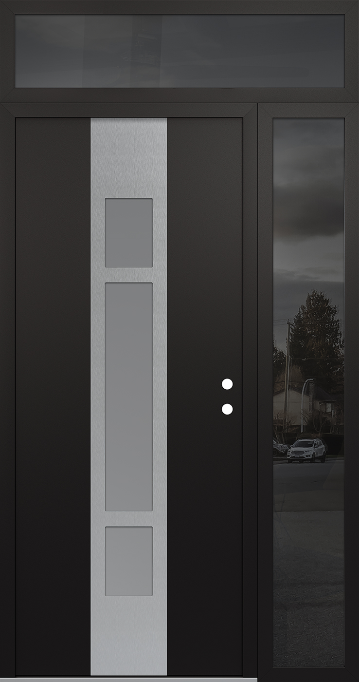 MODERN STEEL FRONT DOOR DIAMOND A9 52" X 96" BLACK/WHITE FROSTED GLASS PANEL STAINLESS STEEL LHI WITH SIDELITE AND TRANSOM MIRRORED GLASS