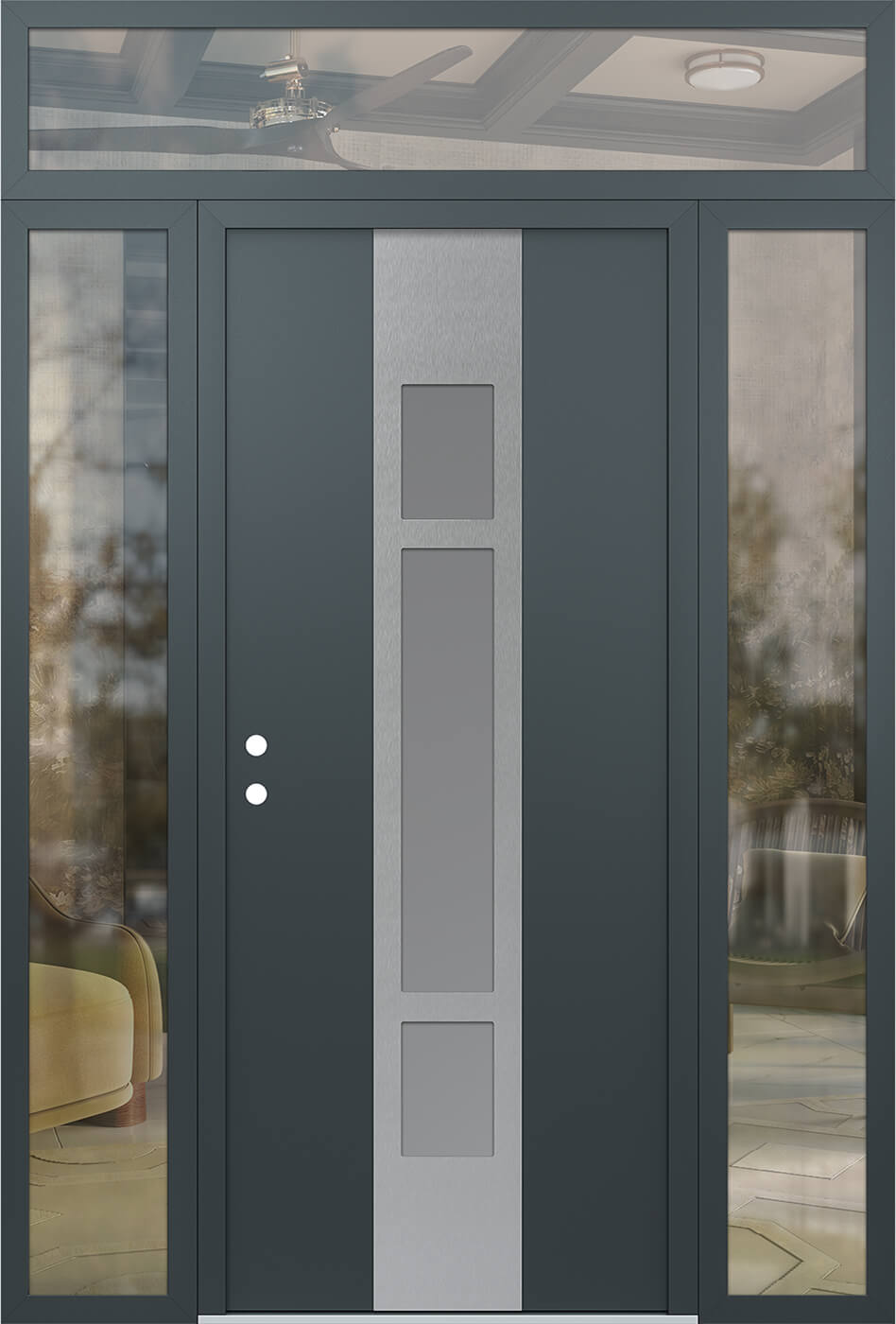 Modern Steel Front Door DIAMOND A9 60" X 96" ANTHRACITE/ANTHRACITE FROSTED GLASS PANEL STAINLESS STEEL RHI WITH 2 SIDELITES AND TRANSOM CLEAR GLASS