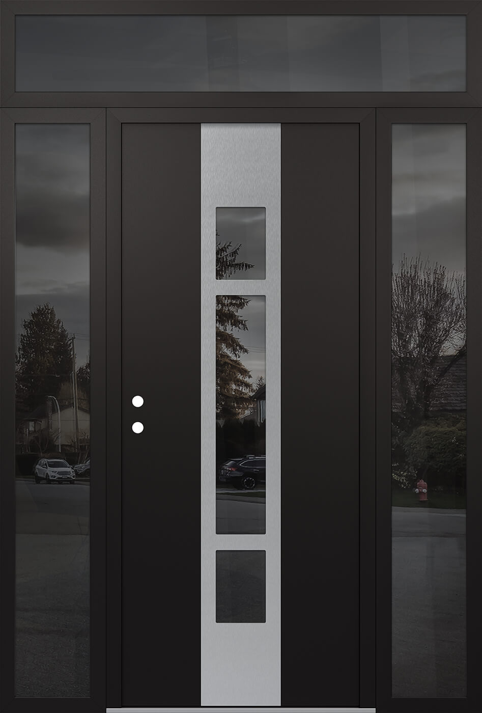 MODERN STEEL FRONT DOOR DIAMOND A9 60" X 96" BLACK/BLACK MIRRORED GLASS PANEL STAINLESS STEEL RHI WITH 2 SIDELITES AND TRANSOM FROSTED GLASS