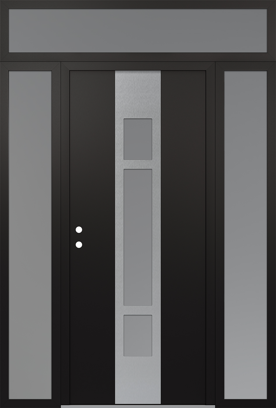MODERN STEEL FRONT DOOR DIAMOND A9 60" X 96" BLACK/WHITE FROSTED GLASS PANEL STAINLESS STEEL RHI WITH 2 SIDELITES AND TRANSOM MIRRORED GLASS