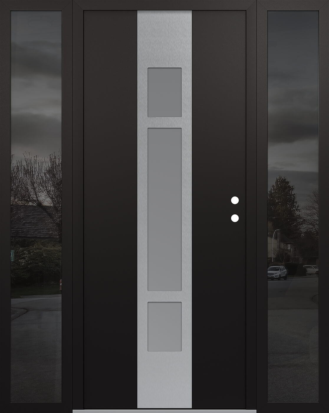 MODERN STEEL FRONT DOOR DIAMOND A9 64" X 80" BLACK/WHITE FROSTED GLASS PANEL STAINLESS STEEL LHI WITH 2 SIDELITES CLEAR GLASS