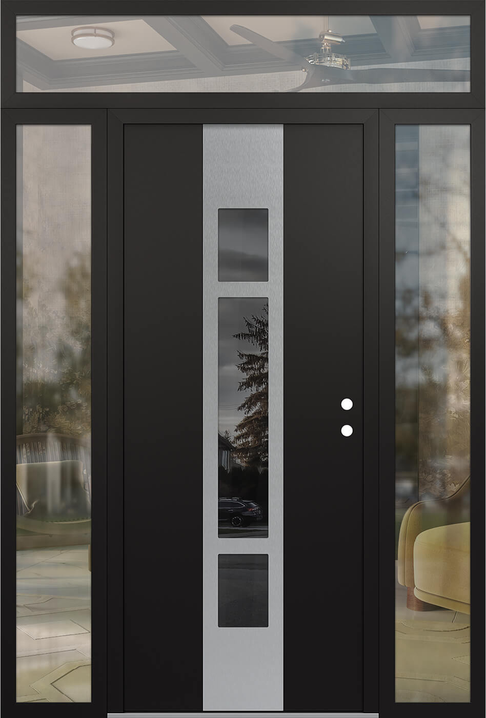 MODERN STEEL FRONT DOOR DIAMOND A9 64" X 96" BLACK/BLACK MIRRORED GLASS PANEL STAINLESS STEEL LHI WITH 2 SIDELITES AND TRANSOM FROSTED GLASS