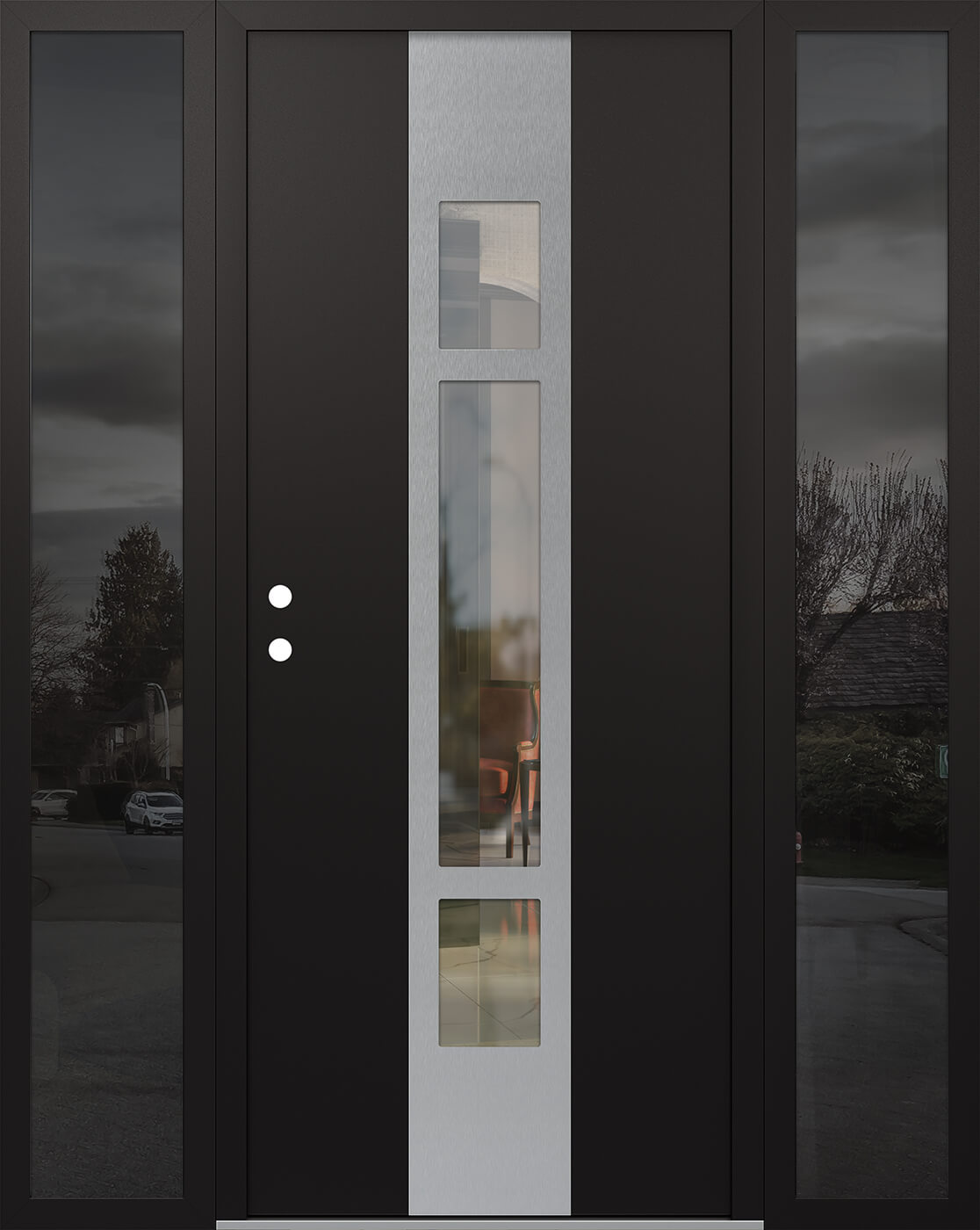 MODERN STEEL FRONT DOOR DIAMOND A9 68" X 80" BLACK/BLACK CLEAR GLASS PANEL STAINLESS STEEL RHI WITH 2 SIDELITES FROSTED GLASS