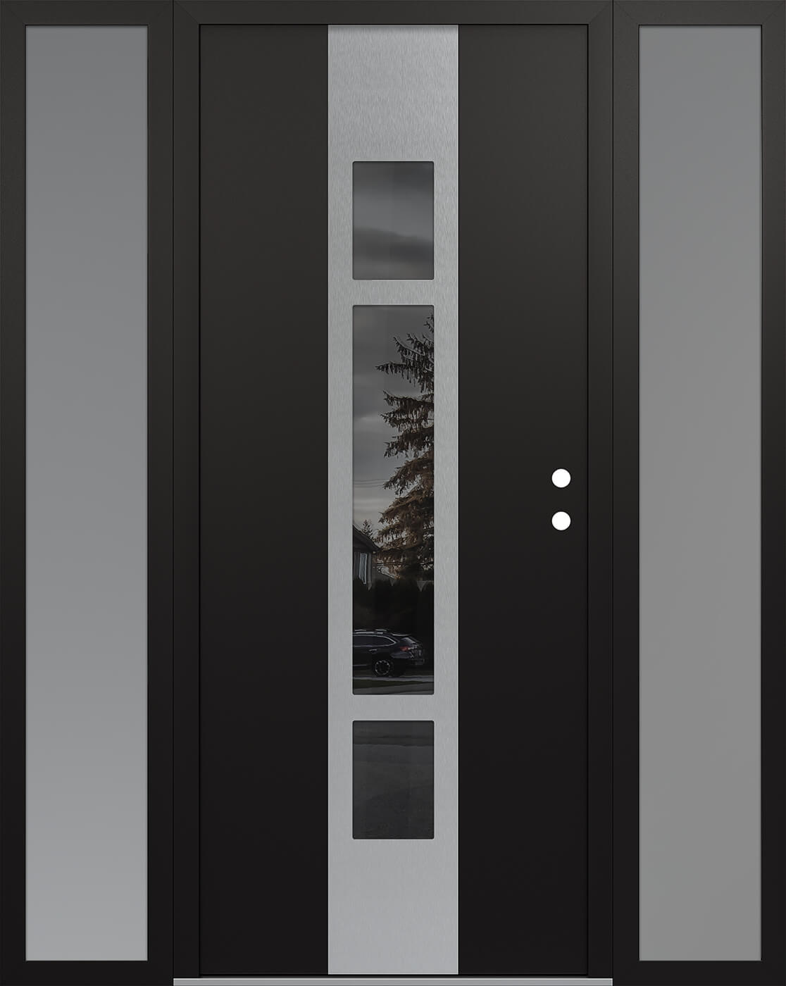 MODERN STEEL FRONT DOOR DIAMOND A9 68" X 80" BLACK/BLACK MIRRORED GLASS PANEL STAINLESS STEEL LHI WITH 2 SIDELITES FROSTED GLASS