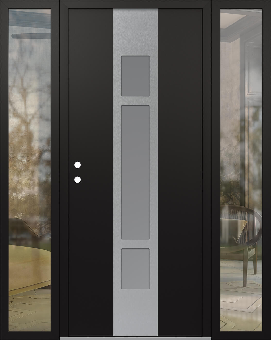 MODERN STEEL FRONT DOOR DIAMOND A9 68" X 80" BLACK/WHITE FROSTED GLASS PANEL STAINLESS STEEL RHI WITH 2 SIDELITES FROSTED GLASS