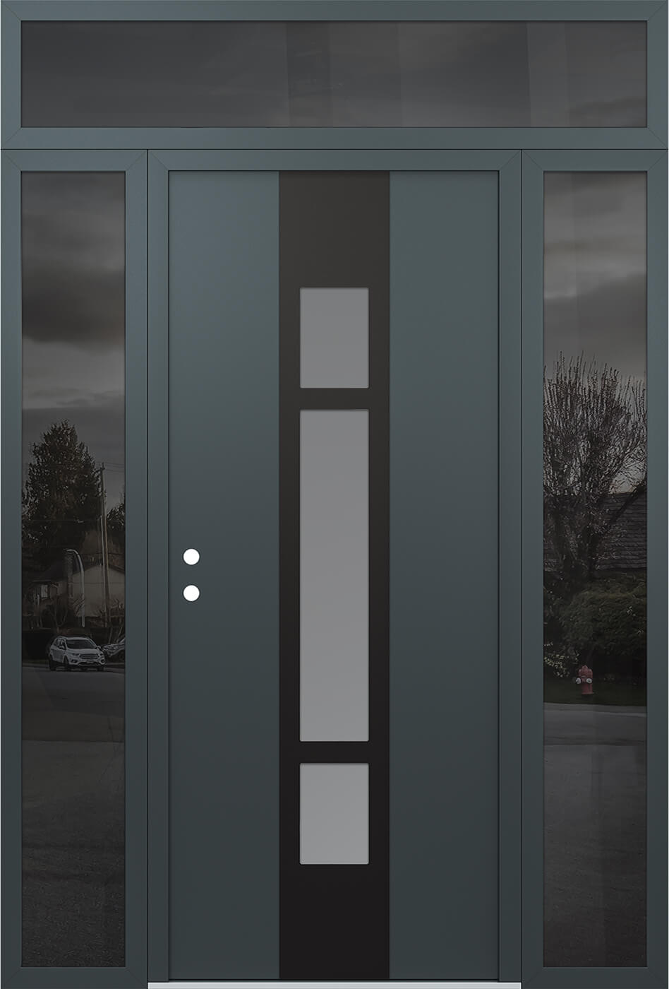 Modern Steel Front Door DIAMOND A9 68" X 96" ANTHRACITE/ANTHRACITE FROSTED GLASS PANEL BLACK RHI WITH 2 SIDELITES AND TRANSOM CLEAR GLASS