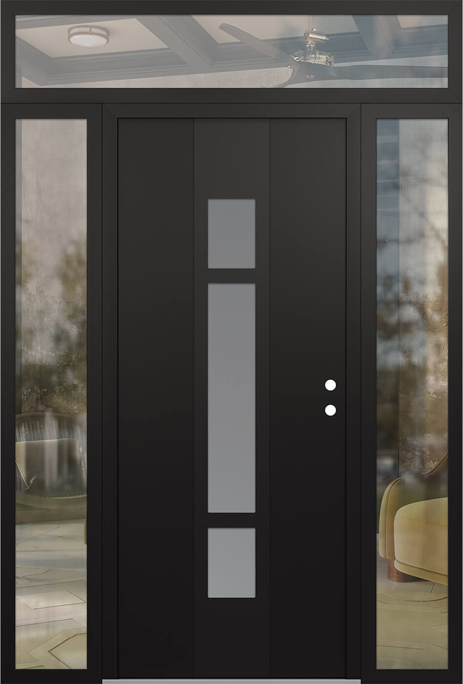 MODERN STEEL FRONT DOOR DIAMOND A9 68" X 96" BLACK/WHITE FROSTED GLASS PANEL BLACK LHI WITH 2 SIDELITES AND TRANSOM FROSTED GLASS
