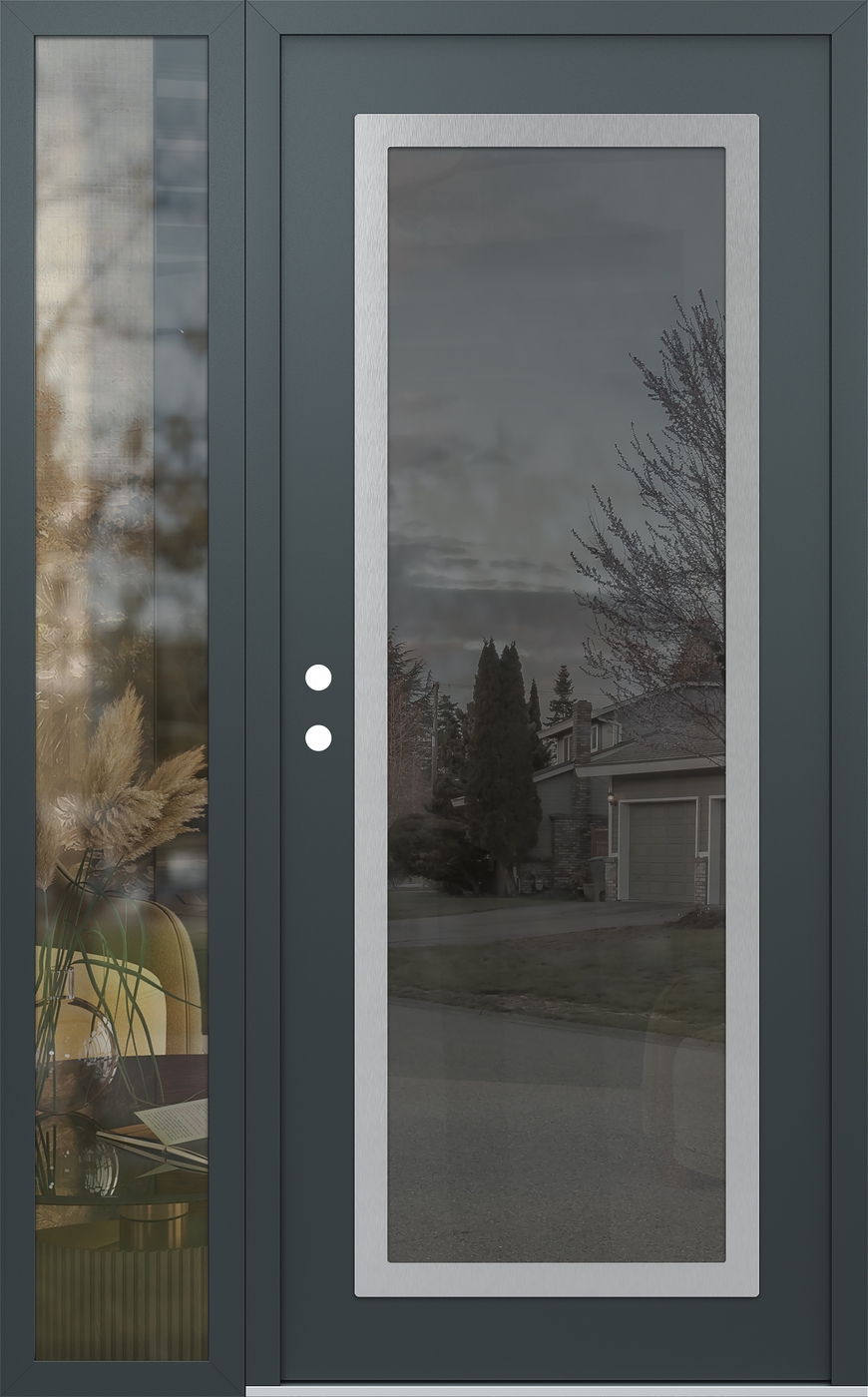Modern Steel Front Door Diamond C1 48" x 80" anthracite/anthracite mirrored Glass Panel stainless steel RHI with Sidelite clear Glass