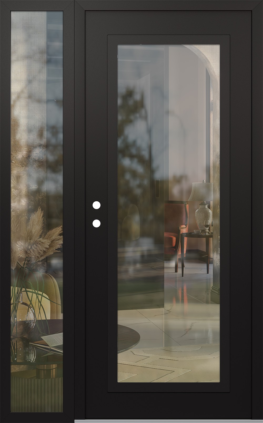 Modern Steel Front Door Diamond C1 48" x 80" black/black clear Glass Panel black RHI with Sidelite clear Glass