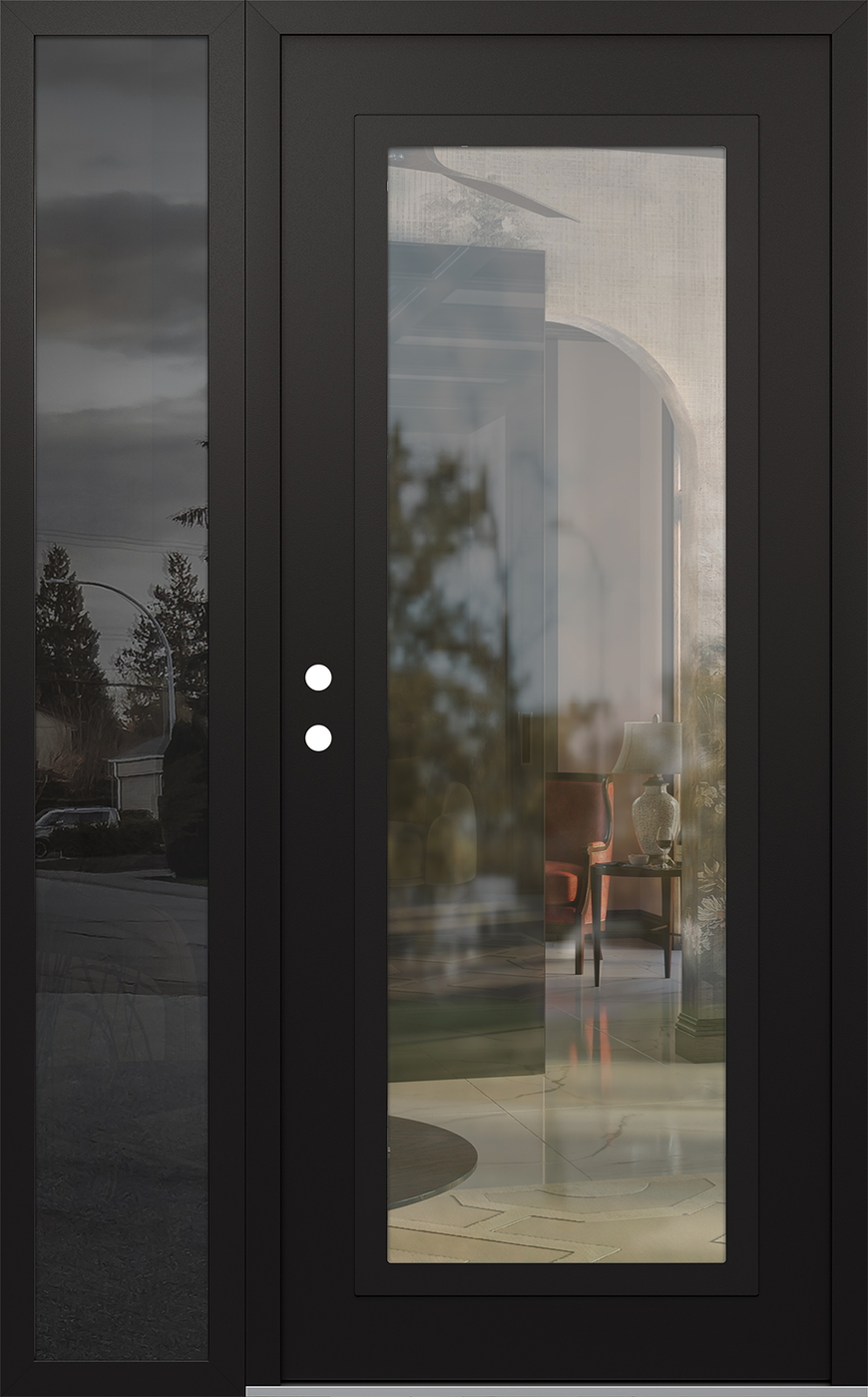 Modern Steel Front Door Diamond C1 48" x 80" black/black clear Glass Panel black RHI with Sidelite mirrored Glass