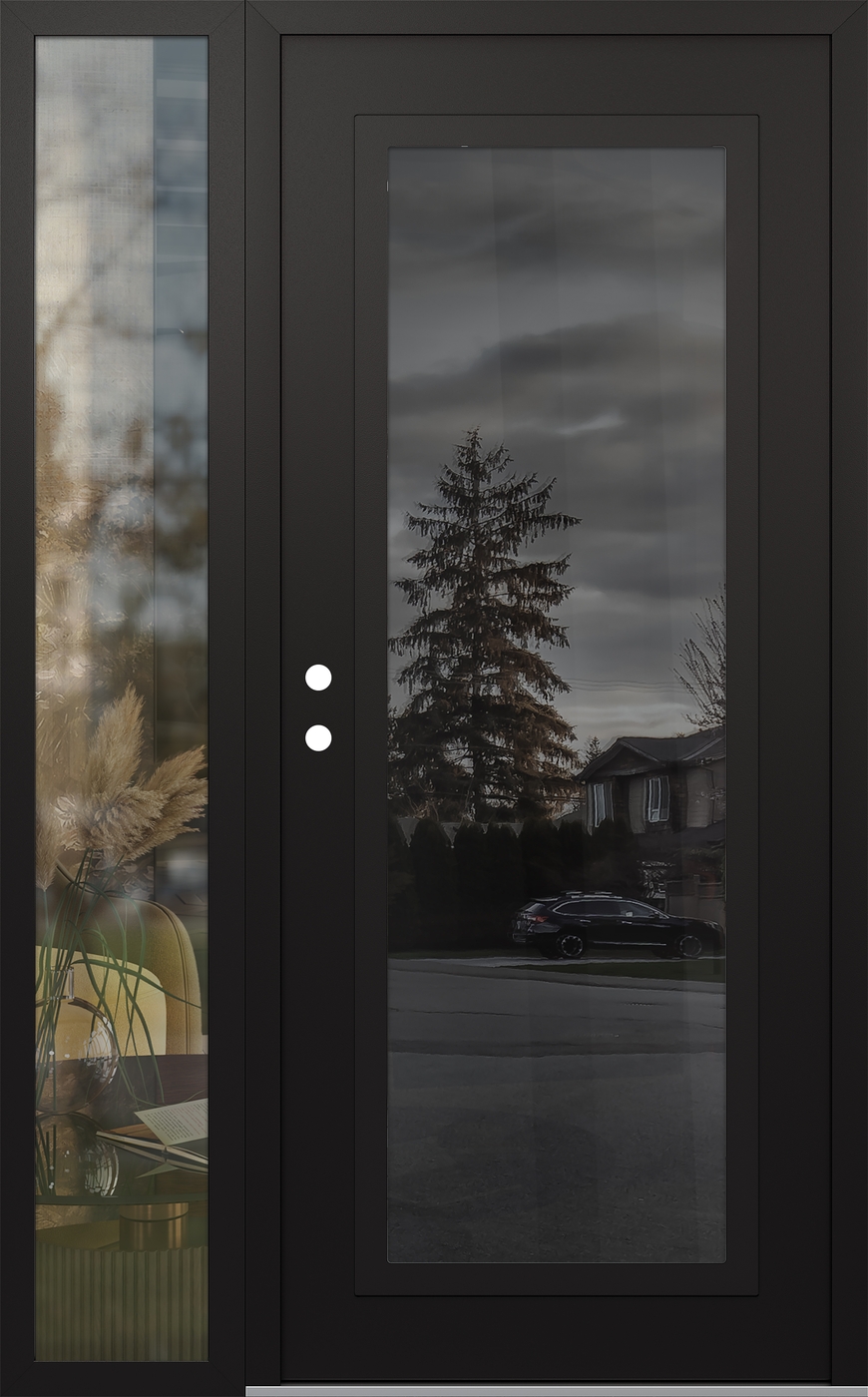 Modern Steel Front Door Diamond C1 48" x 80" black/black mirrored Glass Panel black RHI with Sidelite clear Glass