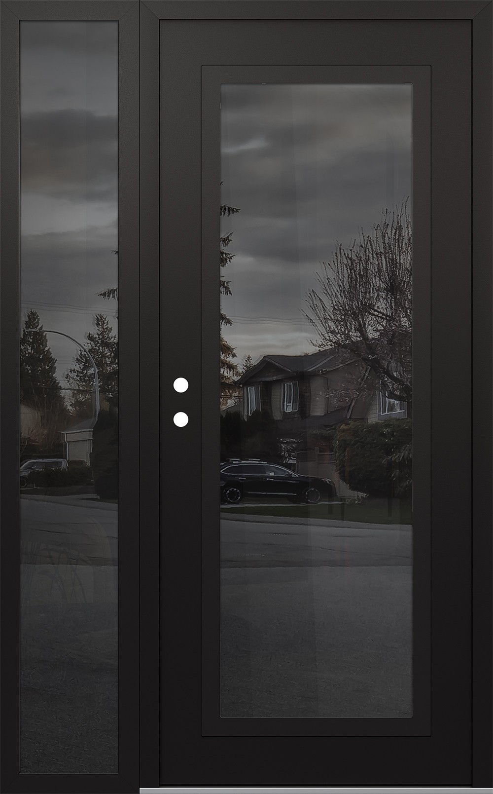 Modern Steel Front Door Diamond C1 48" x 80" black/black mirrored Glass Panel black RHI with Sidelite mirrored Glass