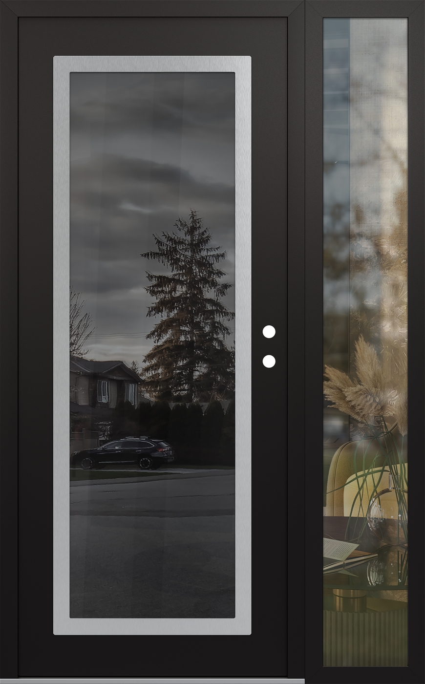 Modern Steel Front Door Diamond C1 48" x 80" black/black mirrored Glass Panel stainless steel LHI with Sidelite clear Glass