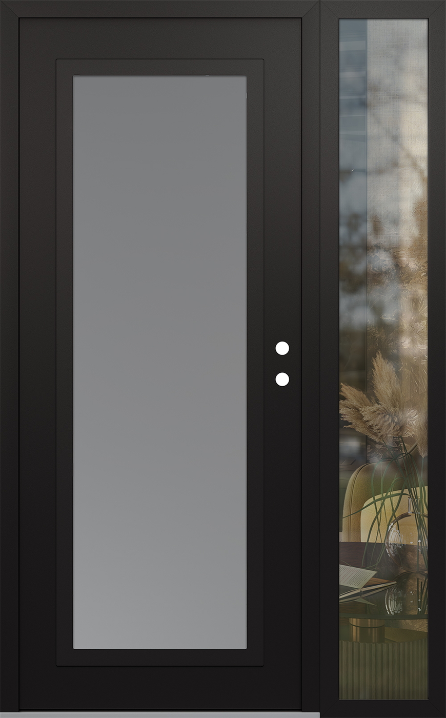 Modern Steel Front Door Diamond C1 48" x 80" black/white frosted Glass Panel black LHI with Sidelite clear Glass
