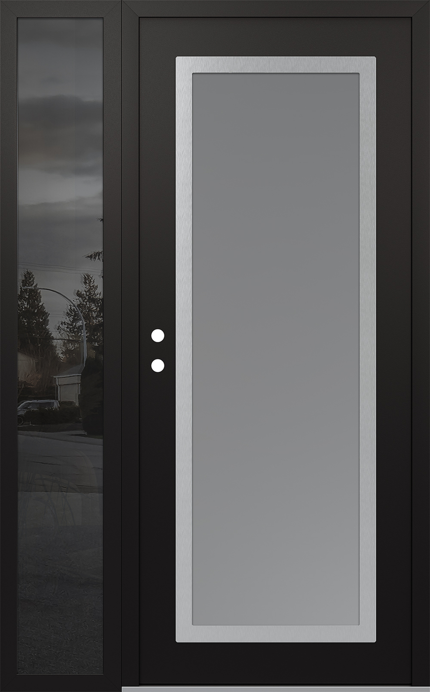 Modern Steel Front Door Diamond C1 48" x 80" black/white frosted Glass Panel stainless steel RHI with Sidelite mirrored Glass