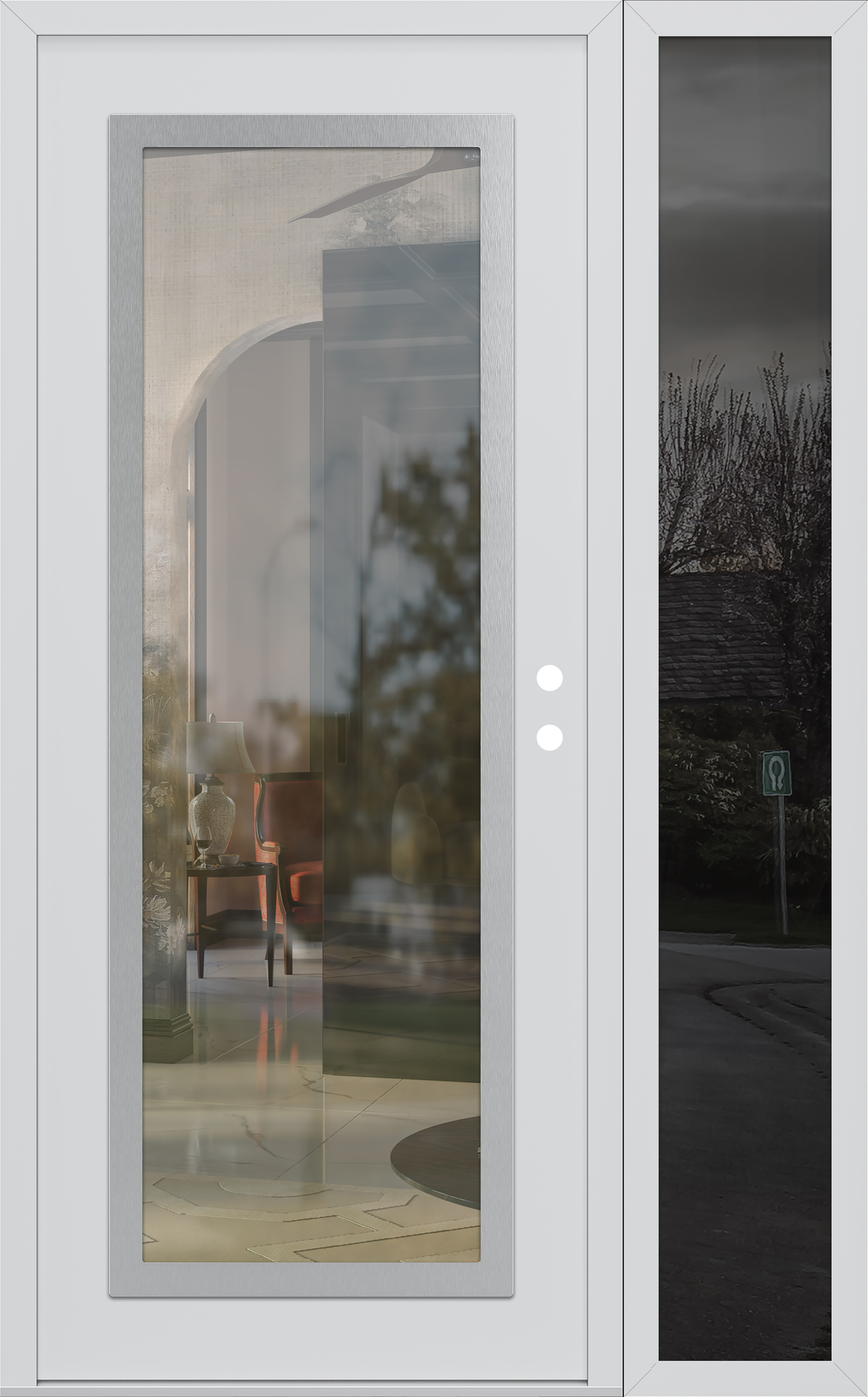 Modern Steel Front Door Diamond C1 48" x 80" white/white clear Glass Panel stainless steel LHI with Sidelite mirrored Glass