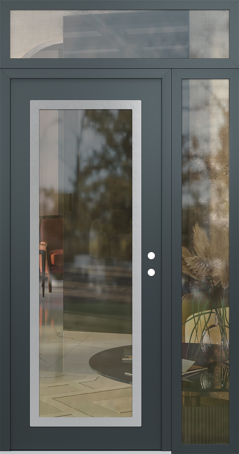 Modern Steel Front Door Diamond C1 48" x 96" anthracite/anthracite clear Glass Panel stainless steel LHI with Sidelite and Transom clear Glass