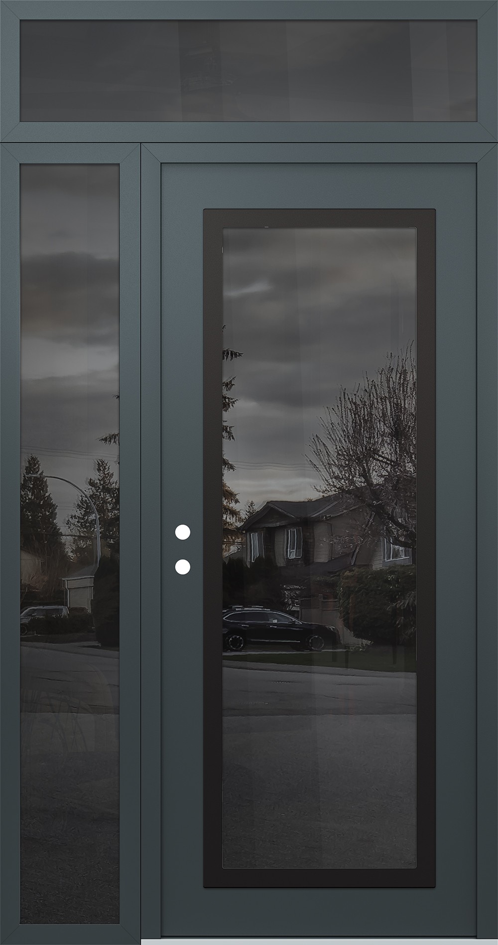 Modern Steel Front Door Diamond C1 48" x 96" anthracite/anthracite mirrored Glass Panel black RHI with Sidelite and Transom mirrored Glass