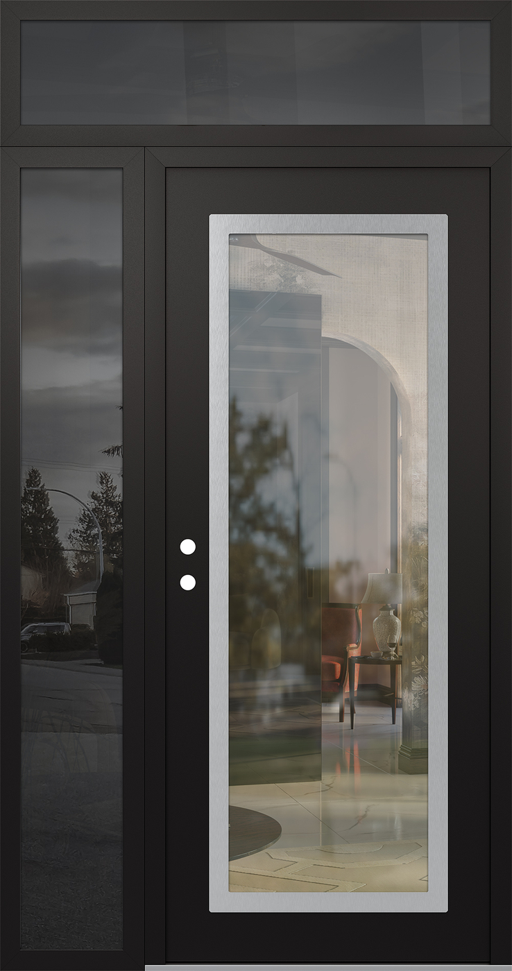 Modern Steel Front Door Diamond C1 48" x 96" black/black clear Glass Panel stainless steel RHI with Sidelite and Transom mirrored Glass