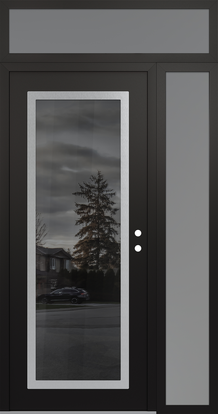 Modern Steel Front Door Diamond C1 48" x 96" black/black mirrored Glass Panel stainless steel LHI with Sidelite and Transom frosted Glass