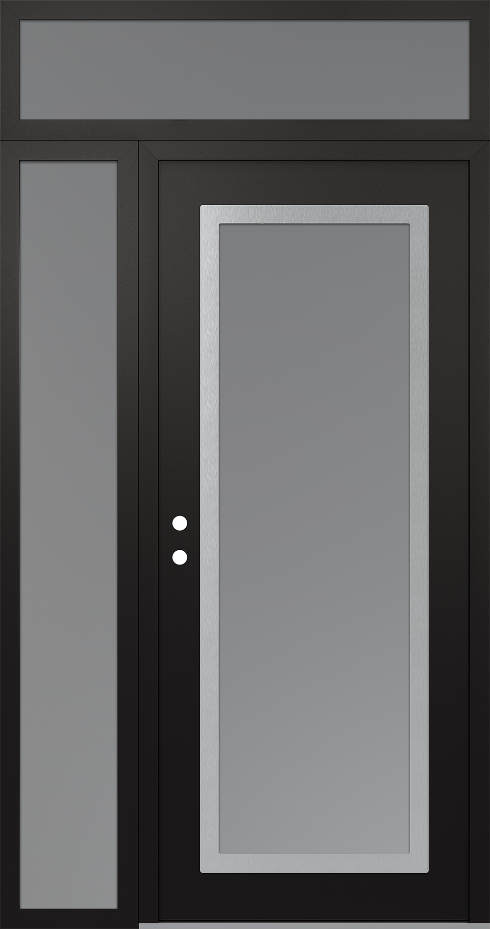 Modern Steel Front Door Diamond C1 48" x 96" black/white frosted Glass Panel stainless steel RHI with Sidelite and Transom frosted Glass