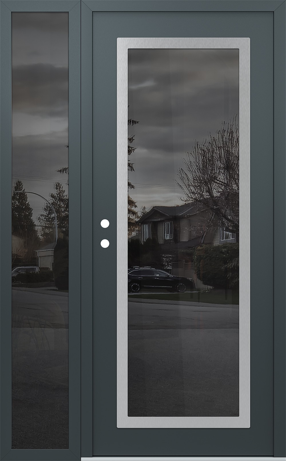 Modern Steel Front Door Diamond C1 50" x 80" anthracite/anthracite mirrored Glass Panel stainless steel RHI with Sidelite mirrored Glass
