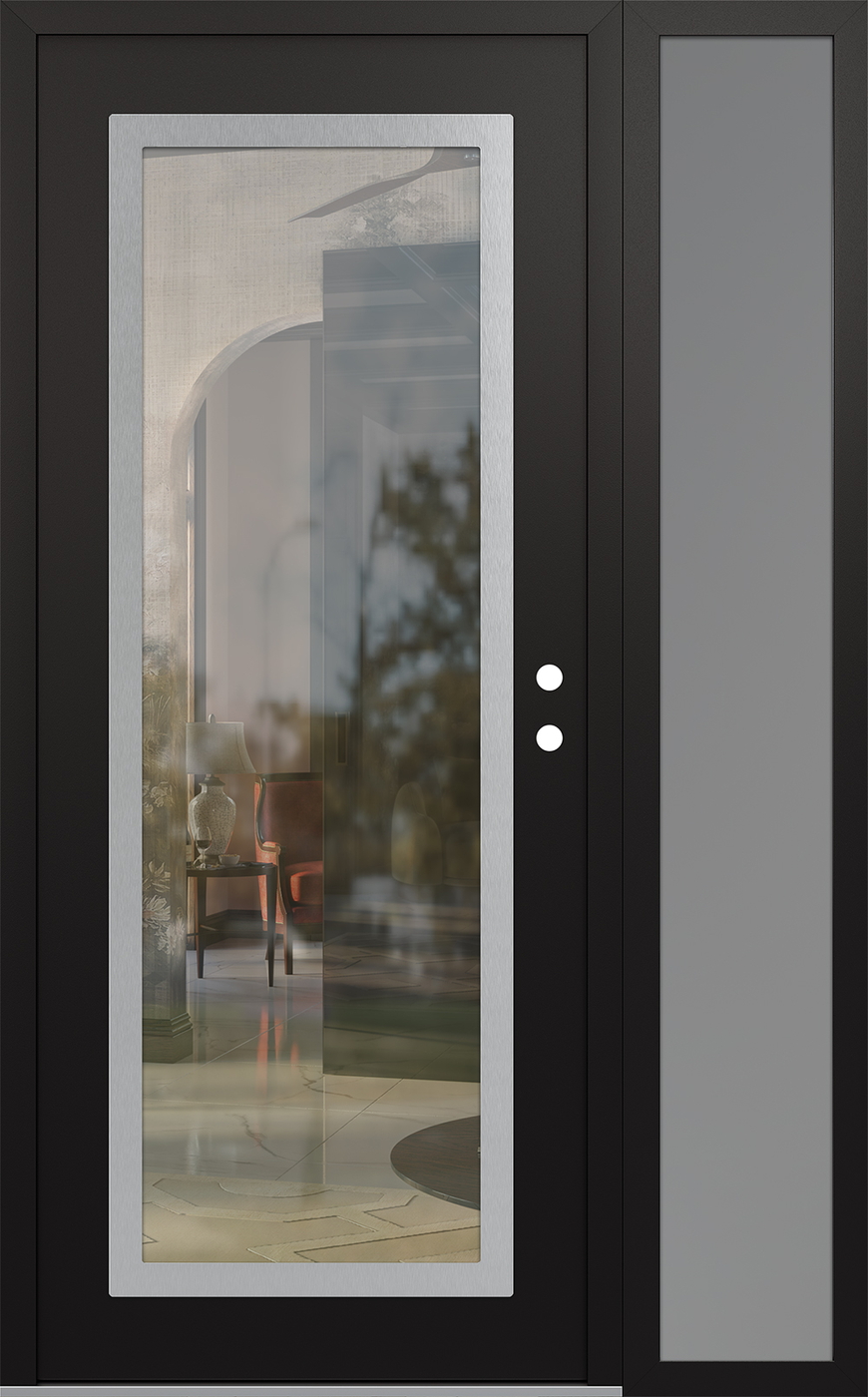 Modern Steel Front Door Diamond C1 50" x 80" black/black clear Glass Panel stainless steel LHI with Sidelite frosted Glass