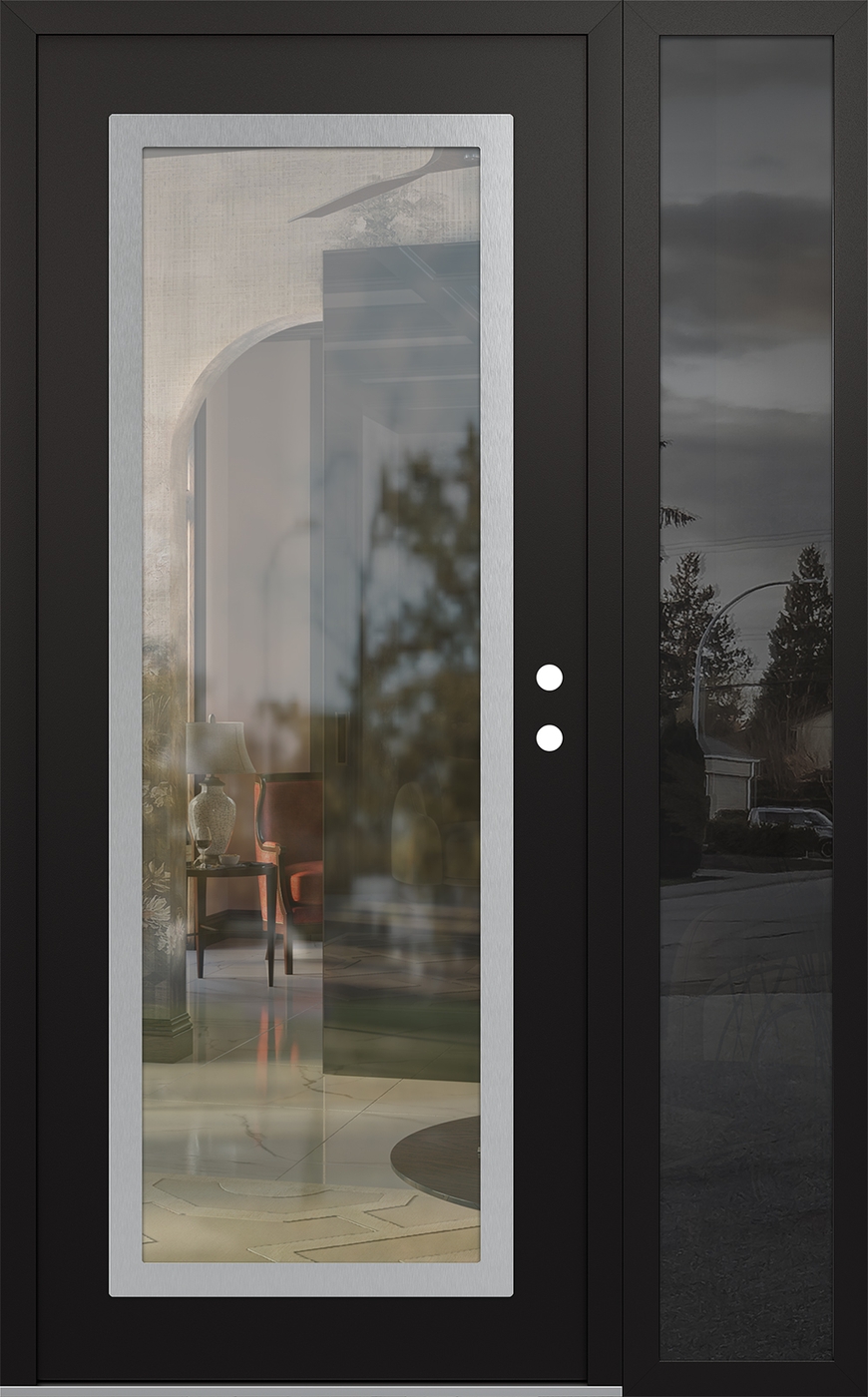 Modern Steel Front Door Diamond C1 50" x 80" black/black clear Glass Panel stainless steel LHI with Sidelite mirrored Glass
